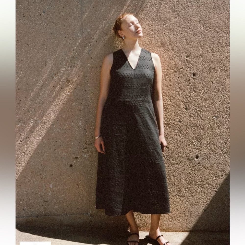 Everlane Linen Eyelet Maxi Dress Black Eyelet with Pockets size XS